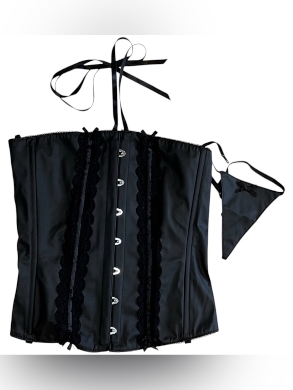 Allure Lingerie Black Corset Set M Lace Up Satin Gothic Burlesque